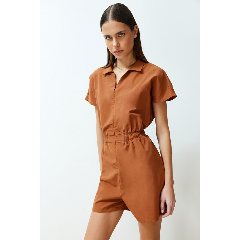 Trendyol Brown Elastic Waist Mini Woven Mini Jumpsuit