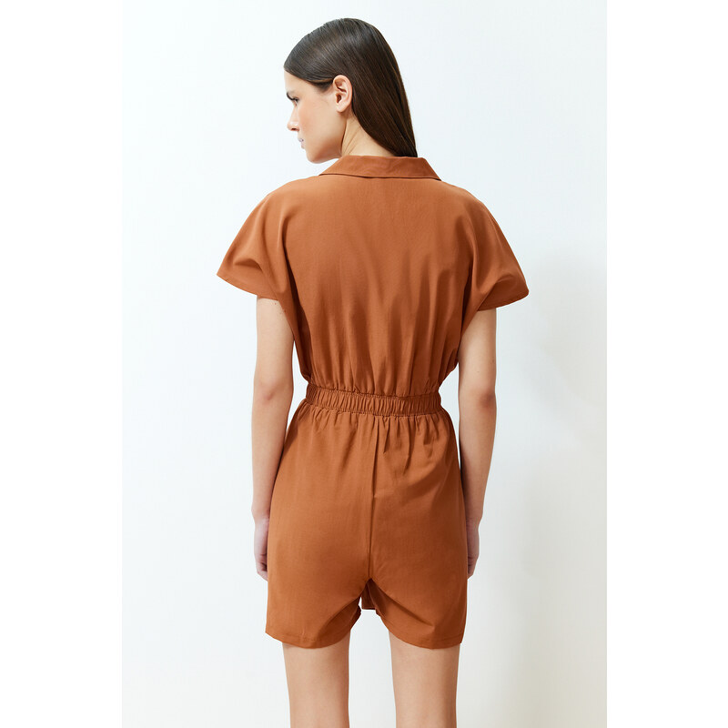 Trendyol Brown Elastic Waist Mini Woven Mini Jumpsuit