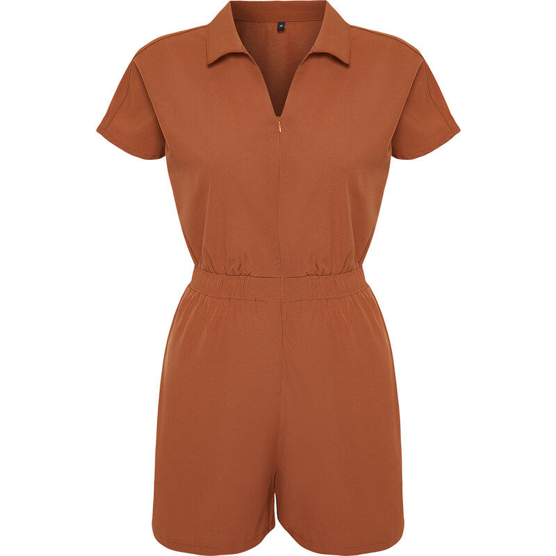 Trendyol Brown Elastic Waist Mini Woven Mini Jumpsuit