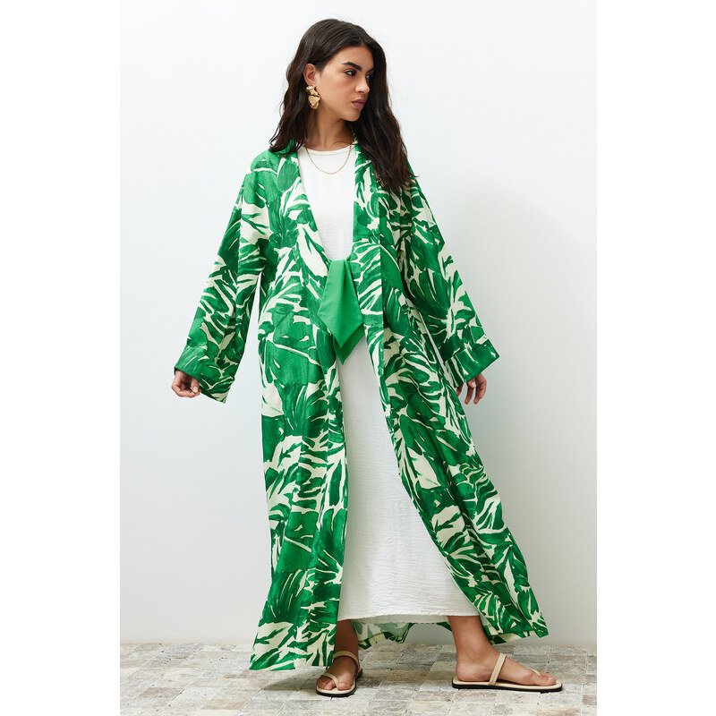 Trendyol Green Tropical Patterned Long Woven Kimono & Kaftan & Abaya