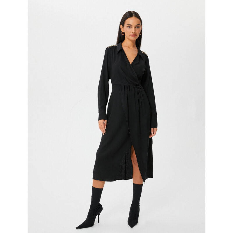 Koton Midi Shirt Dress Wrapped Long Sleeve Slit Embroidered