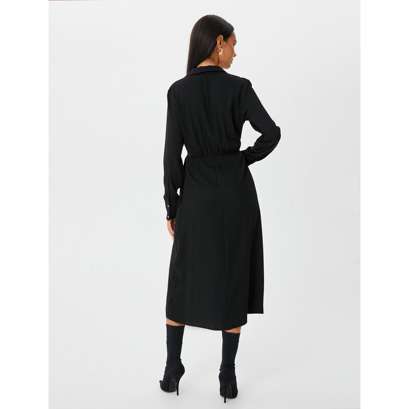 Koton Midi Shirt Dress Wrapped Long Sleeve Slit Embroidered