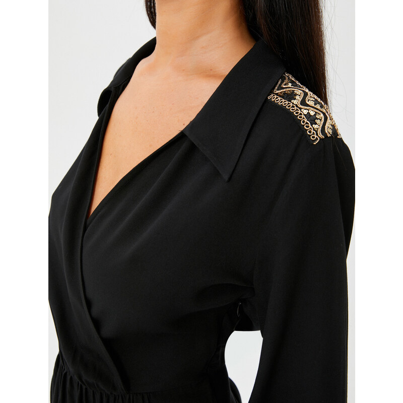 Koton Midi Shirt Dress Wrapped Long Sleeve Slit Embroidered