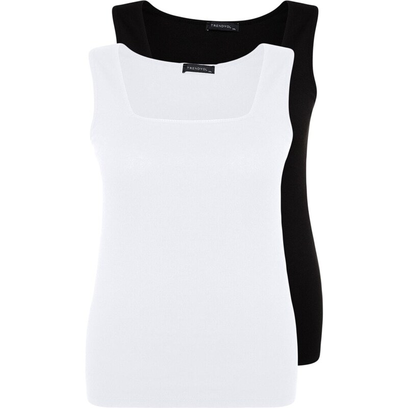 Trendyol Curve Black-White Basic Corded 2-Pack Square Collar Knitted Tank Top