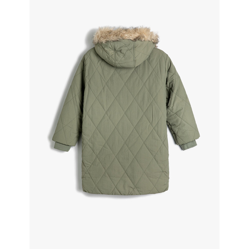 Koton Oversize Long Coat Quilted Faux Fur Detail Hooded Inner Plush Lined Covered Pocket Zipper