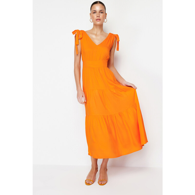 Trendyol Orange A-Cut Flounce V-neck Maxi Woven Dress 115740430