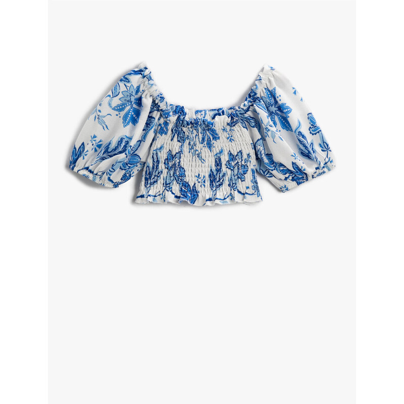 Koton Floral Crop Blouse with Balloon Sleeves Off the Shoulders Gipping Detailed.