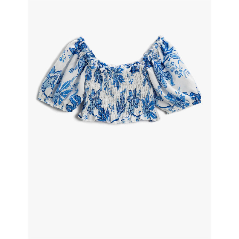 Koton Floral Crop Blouse with Balloon Sleeves Off the Shoulders Gipping Detailed.