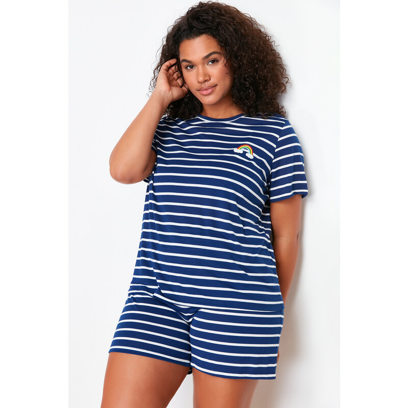 Trendyol Curve Navy Blue Striped Rainbow Printed Knitted Pajamas Set