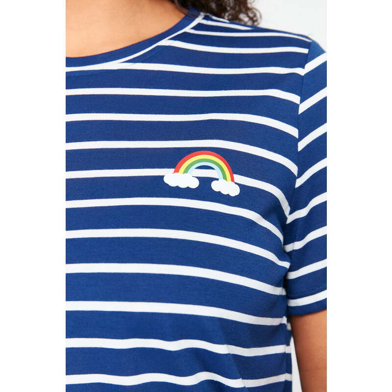 Trendyol Curve Navy Blue Striped Rainbow Printed Knitted Pajamas Set