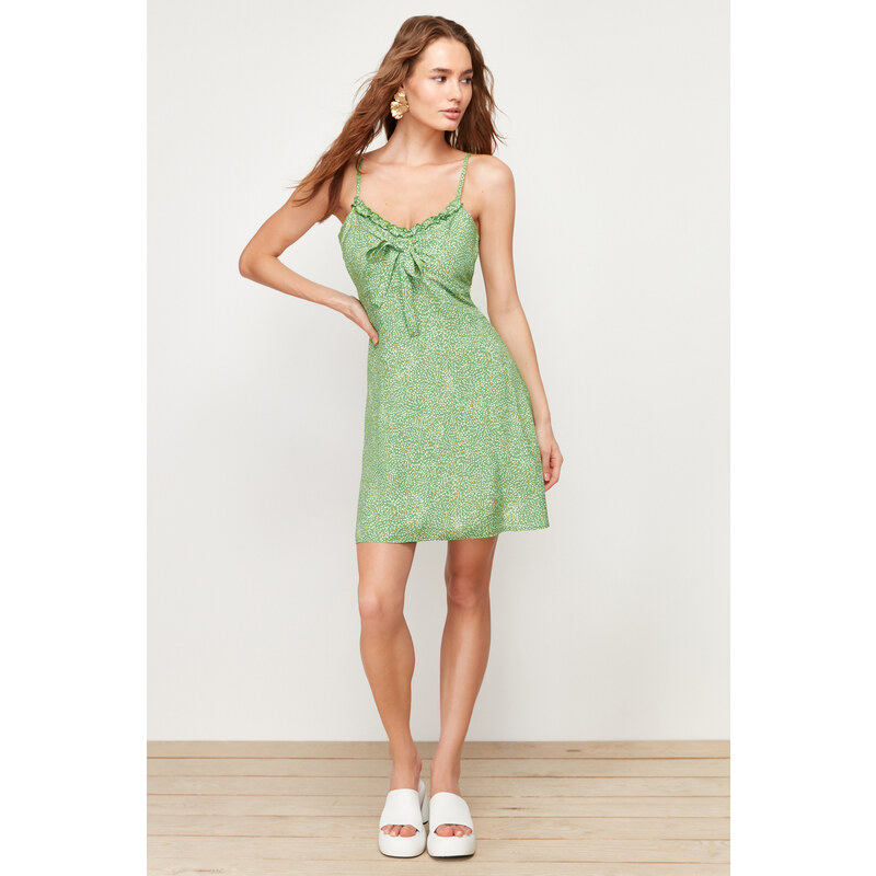 Trendyol Dark Green A-Line Mini Tie Detail Floral Patterned Woven Dress