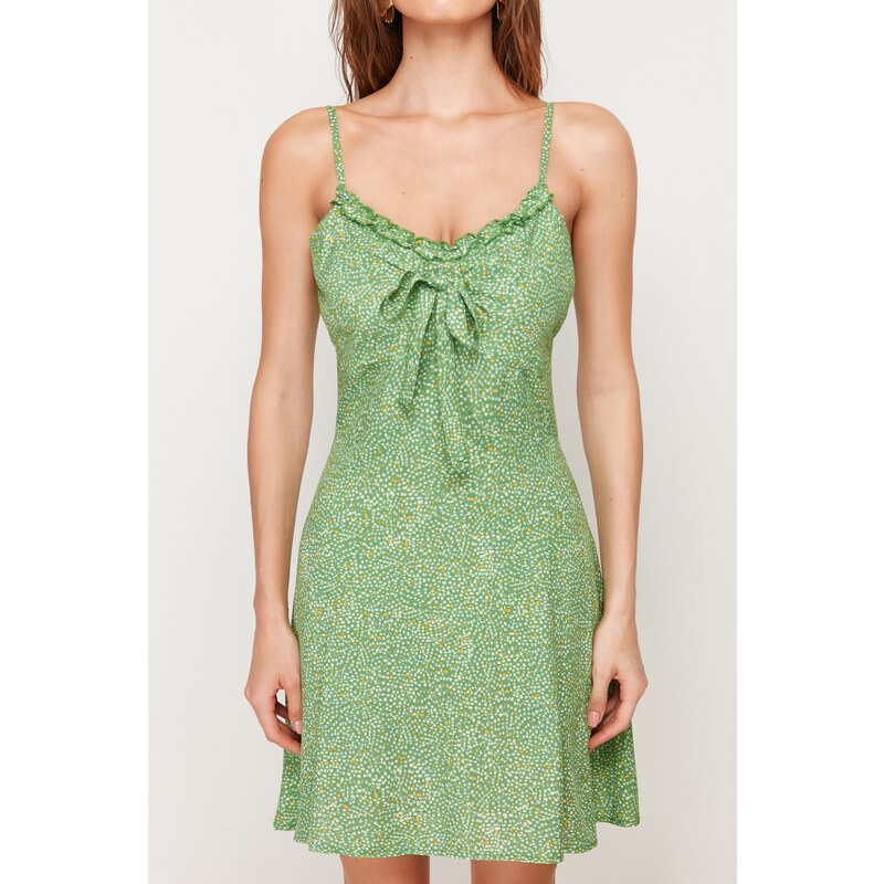 Trendyol Dark Green A-Line Mini Tie Detail Floral Patterned Woven Dress