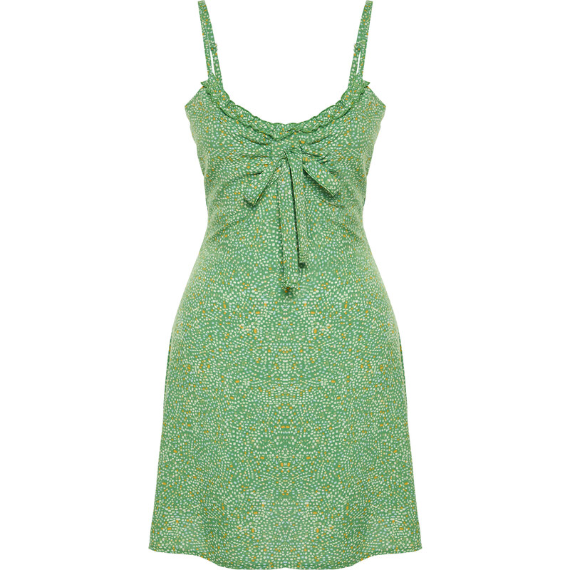 Trendyol Dark Green A-Line Mini Tie Detail Floral Patterned Woven Dress