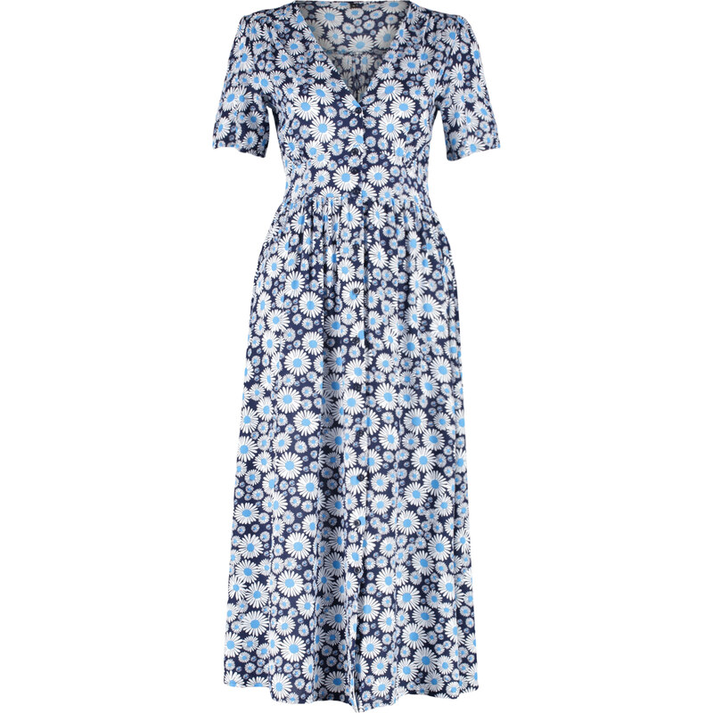 Trendyol Blue Floral V Neck Midi Woven Shirt Dress