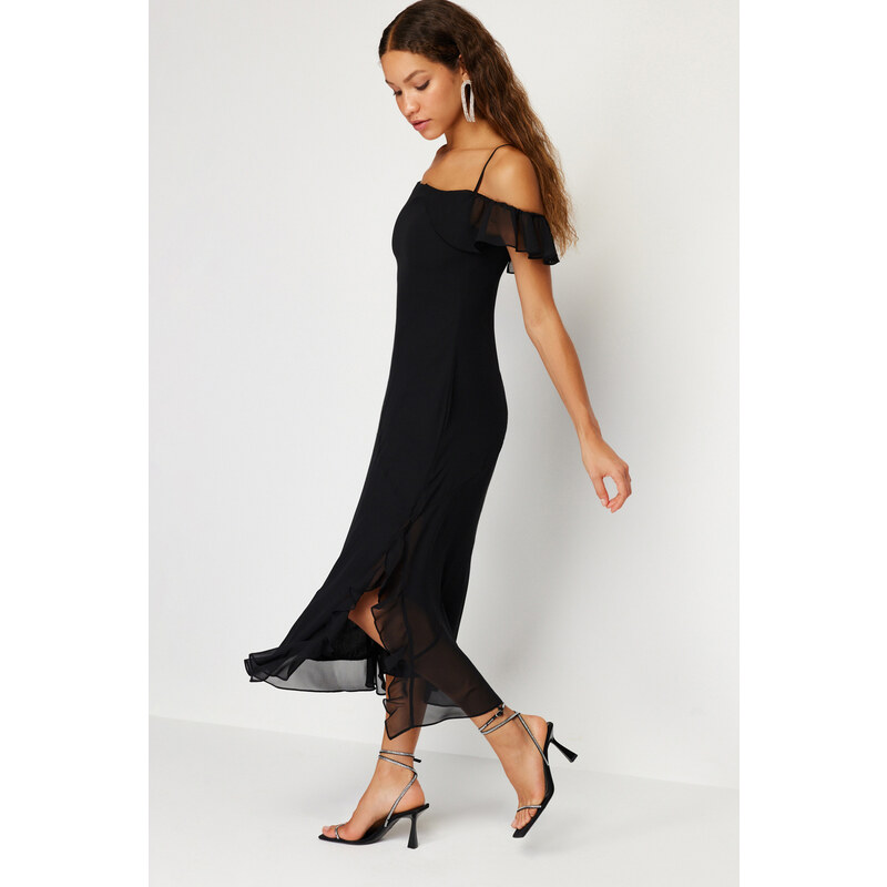 Trendyol Black Flounced Chiffon Stylish Evening Dress