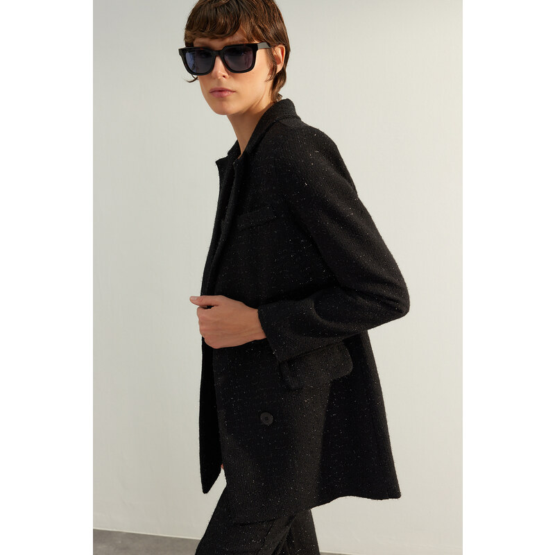 Trendyol Black Premium Quality Oversize Wide Fit Silvery Woven Blazer Jacket