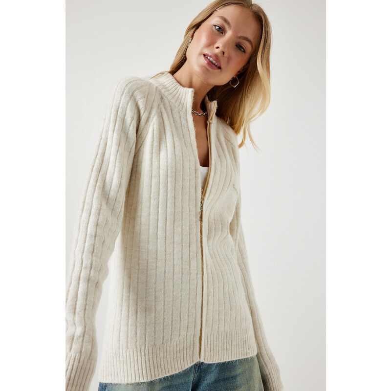 Happiness İstanbul Women's Cream Zippered Knitwear Cardigan