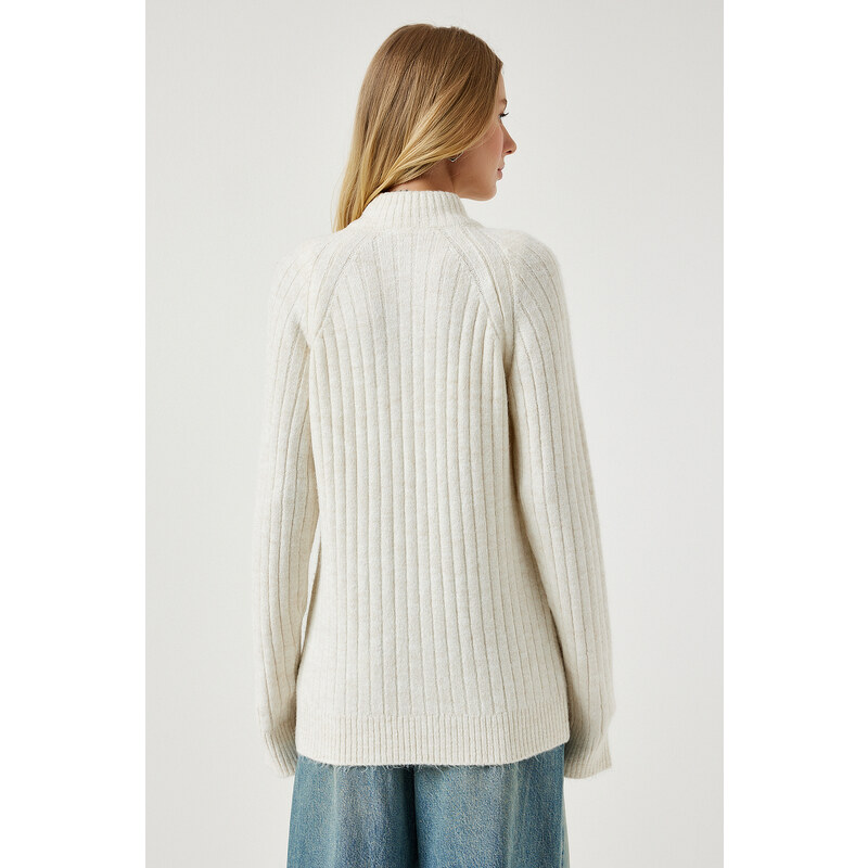 Happiness İstanbul Women's Cream Zippered Knitwear Cardigan