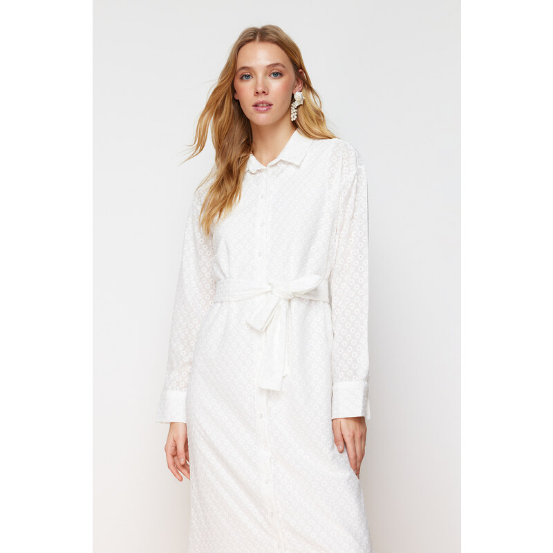 Trendyol White Floral Belted Brode Lined Woven Shirt Dress