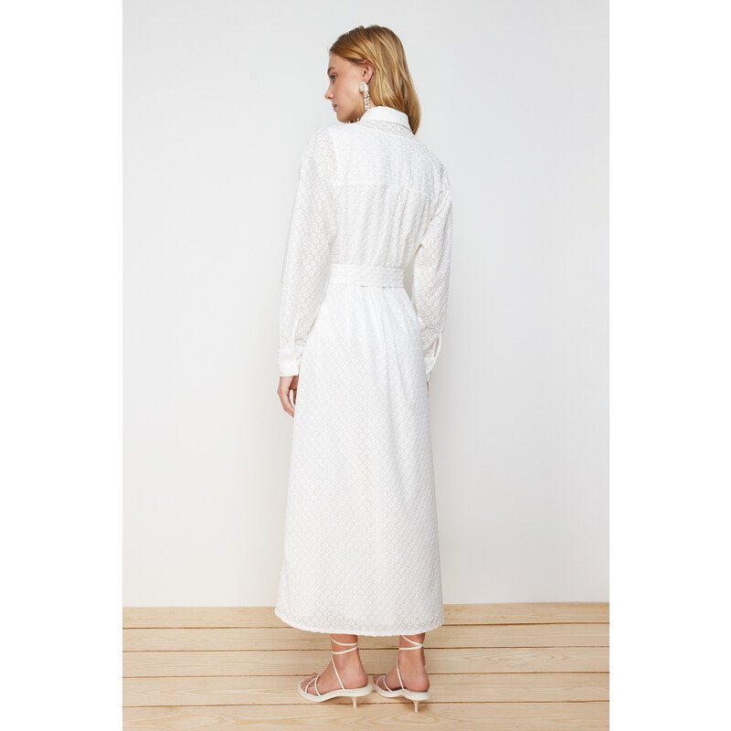 Trendyol White Floral Belted Brode Lined Woven Shirt Dress