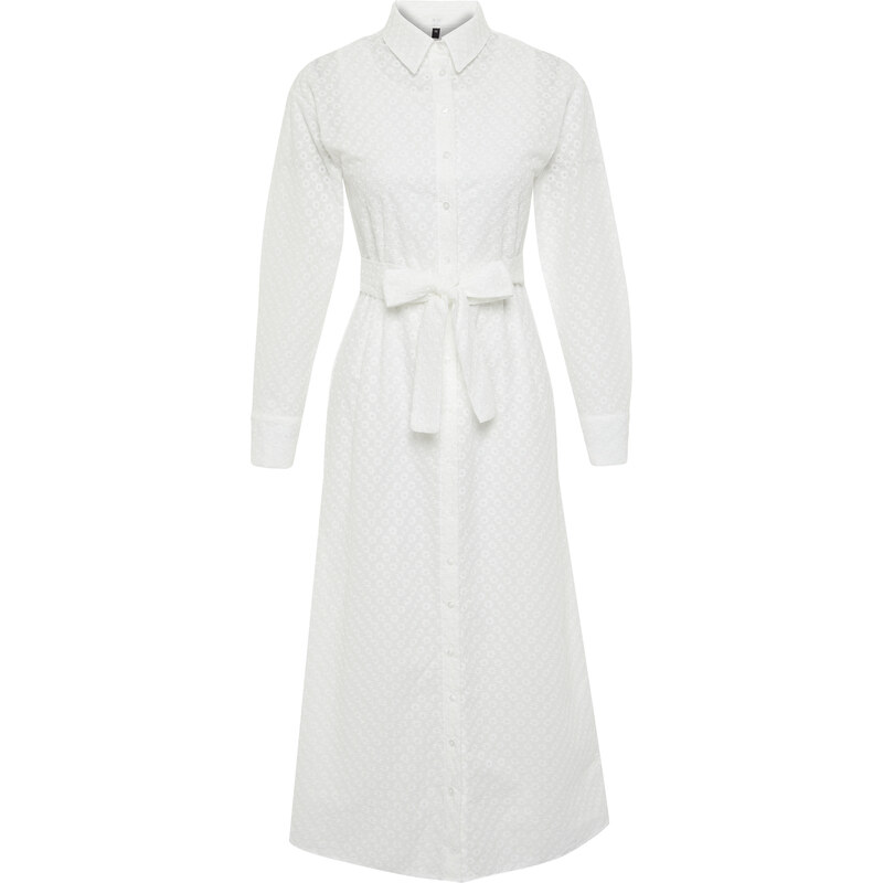 Trendyol White Floral Belted Brode Lined Woven Shirt Dress