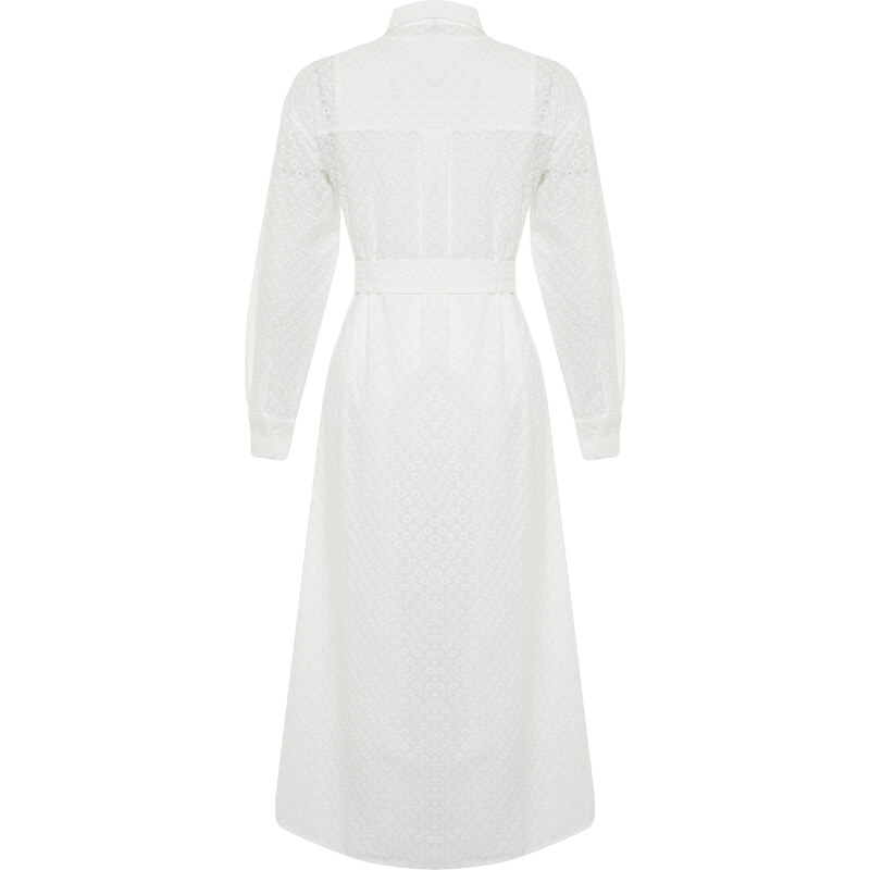 Trendyol White Floral Belted Brode Lined Woven Shirt Dress