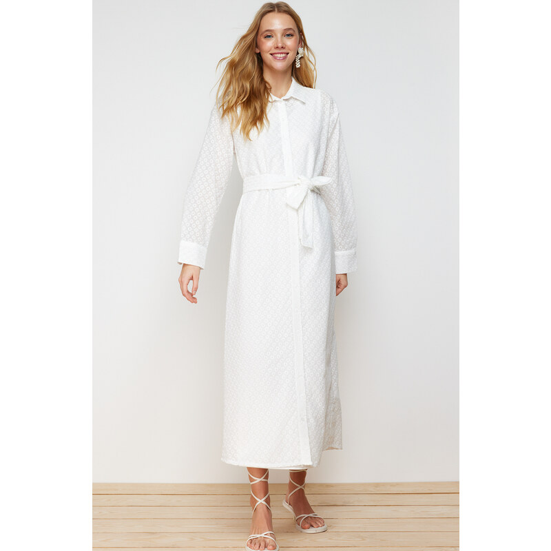 Trendyol White Floral Belted Brode Lined Woven Shirt Dress