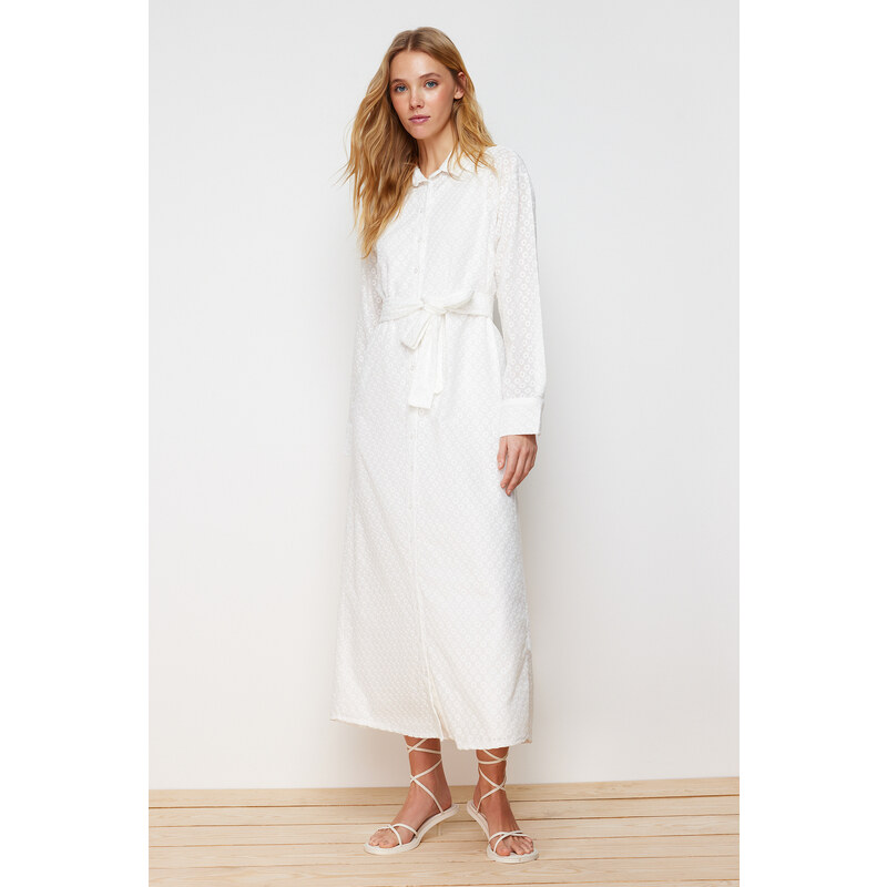 Trendyol White Floral Belted Brode Lined Woven Shirt Dress