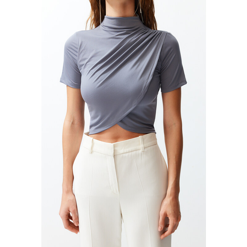 Trendyol Gray High Neck Short Sleeve Draped Crop Blouse Knitted Blouse