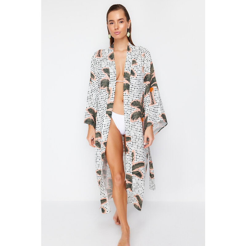 Trendyol Tropical Pattern Belted Maxi Woven 100% Cotton Kimono & Kaftan