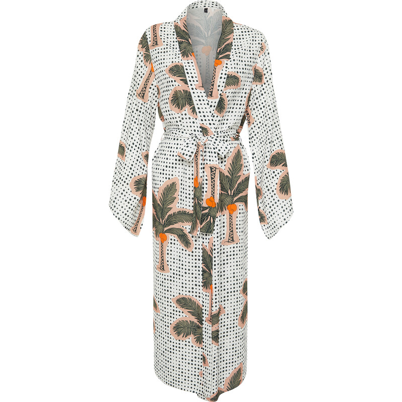 Trendyol Tropical Pattern Belted Maxi Woven 100% Cotton Kimono & Kaftan