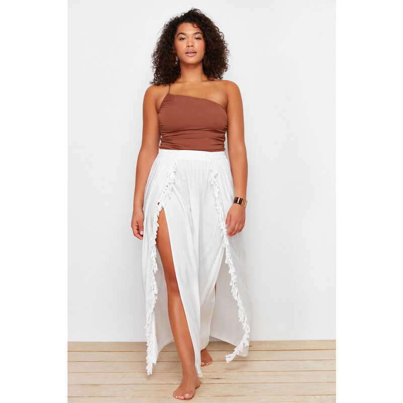 Trendyol Curve Ecru Maxi Woven Tasseled Beach Skirt