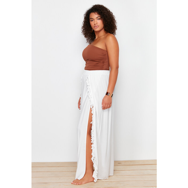 Trendyol Curve Ecru Maxi Woven Tasseled Beach Skirt