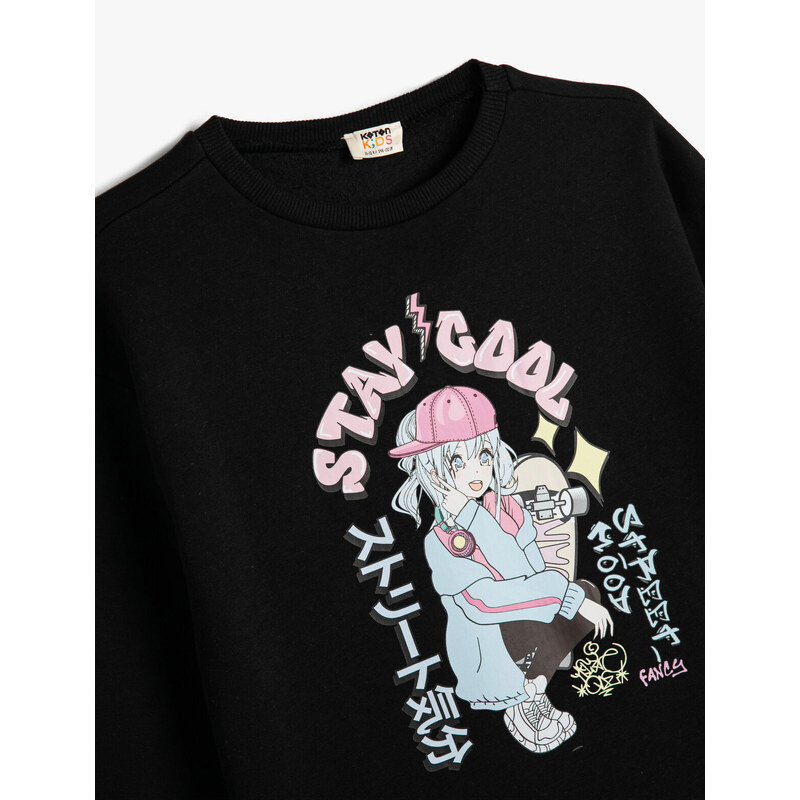 Koton Anime Printed Sweatshirt Crew Neck Raised