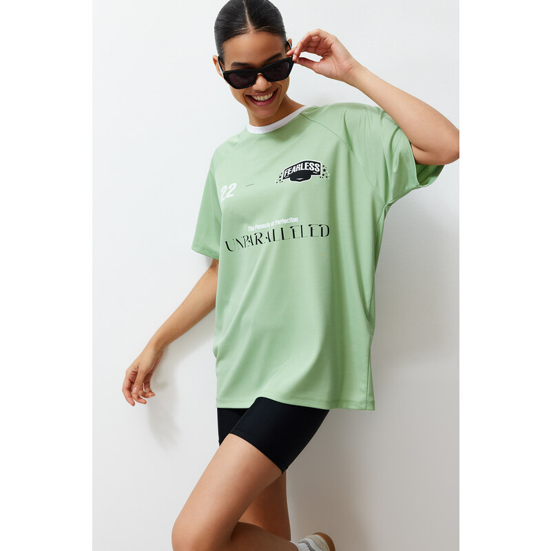 Trendyol Green Oversize Motto Printed Crew Neck Short Sleeve Knitted T-Shirt