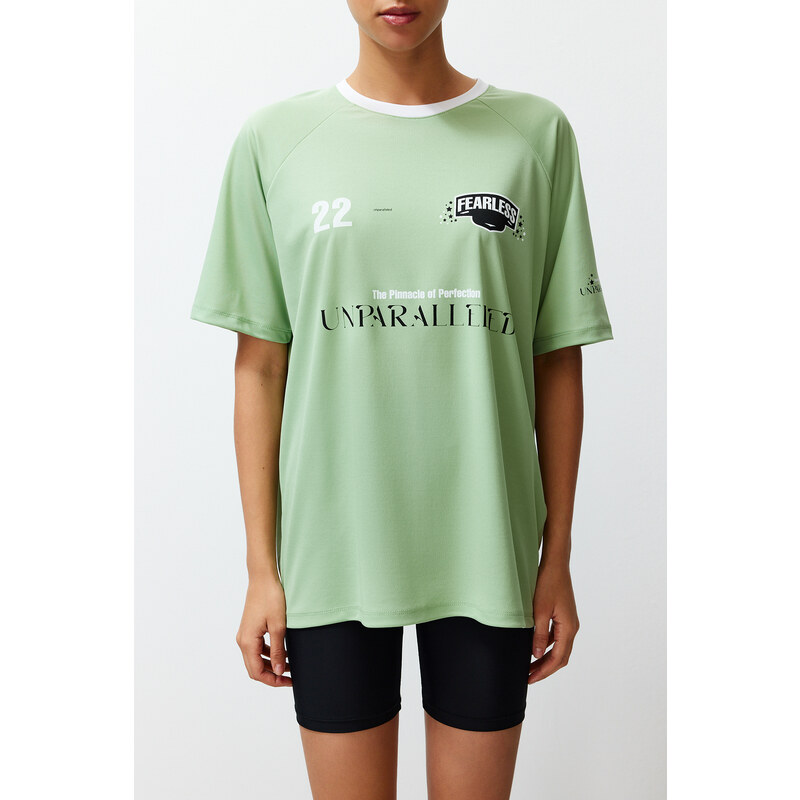 Trendyol Green Oversize Motto Printed Crew Neck Short Sleeve Knitted T-Shirt