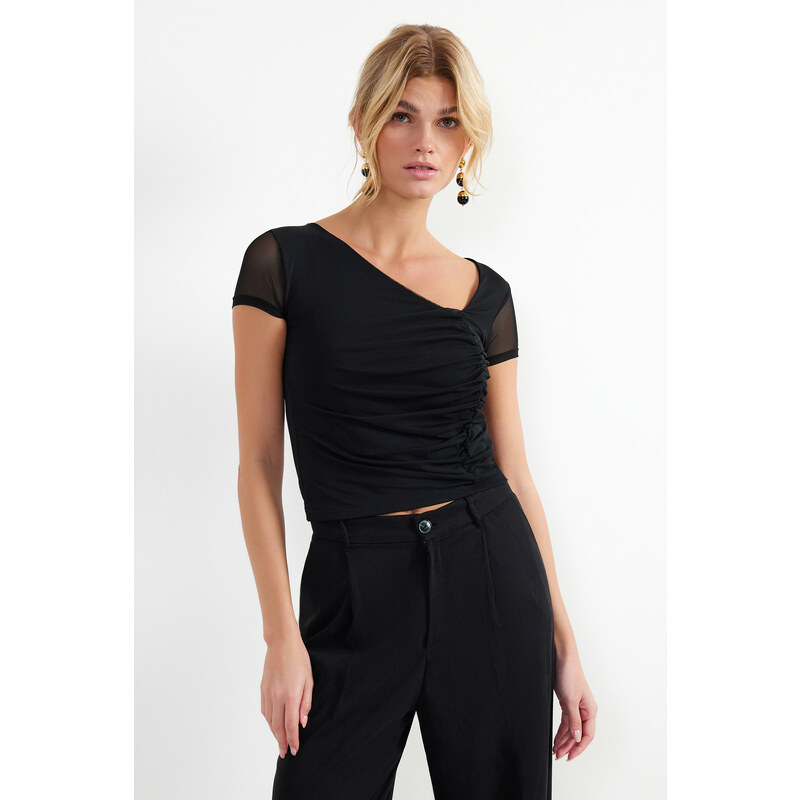 Trendyol Black Asymmetric Collar Tulle Elastic Knitted Blouse