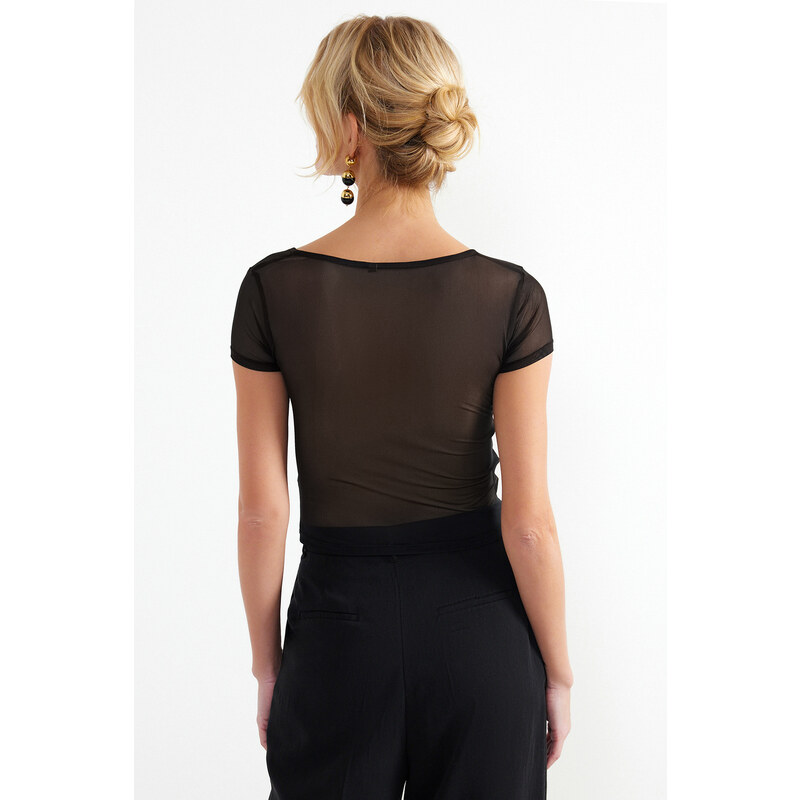 Trendyol Black Asymmetric Collar Tulle Elastic Knitted Blouse