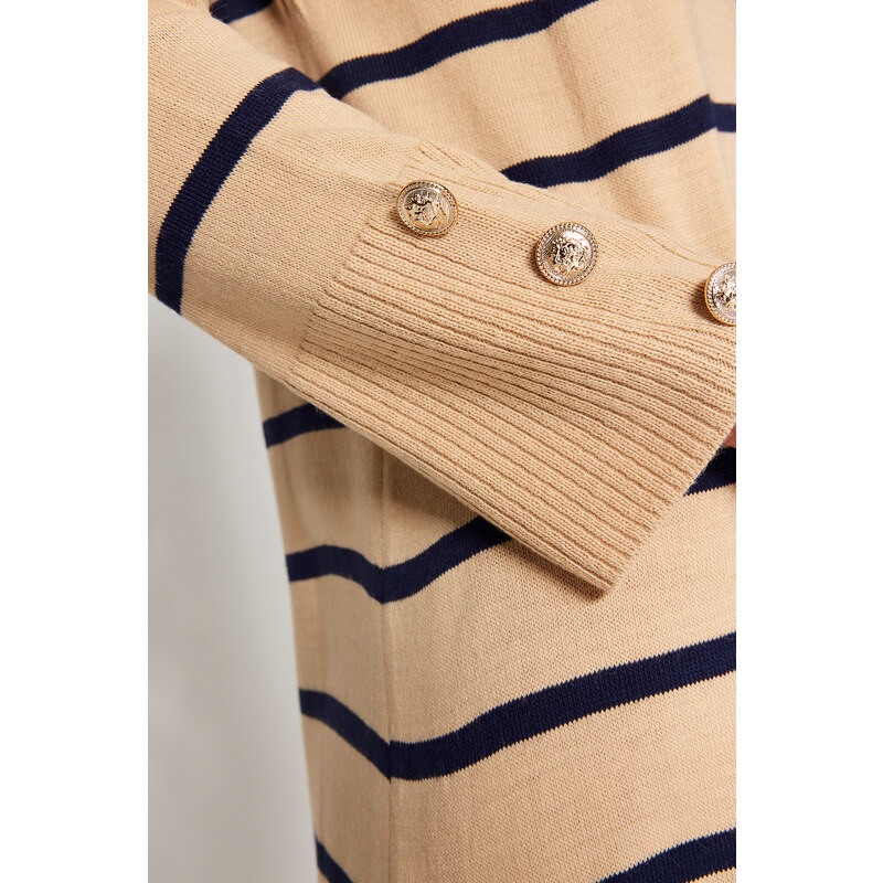 Trendyol Stone Sleeves Button Detailed Striped Knitwear Dress