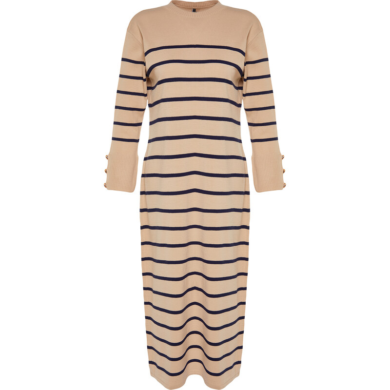 Trendyol Stone Sleeves Button Detailed Striped Knitwear Dress