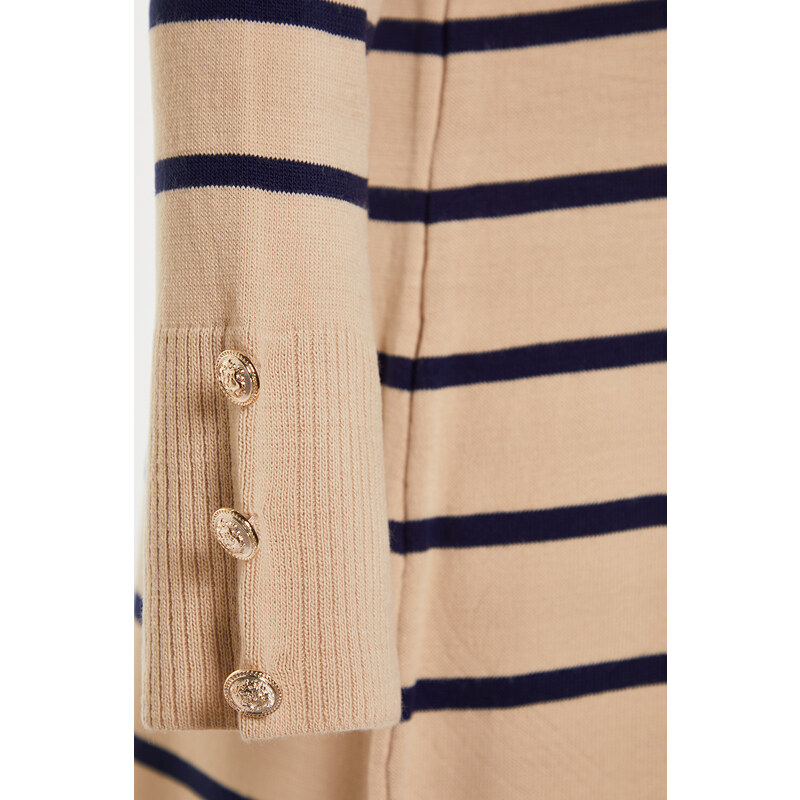 Trendyol Stone Sleeves Button Detailed Striped Knitwear Dress