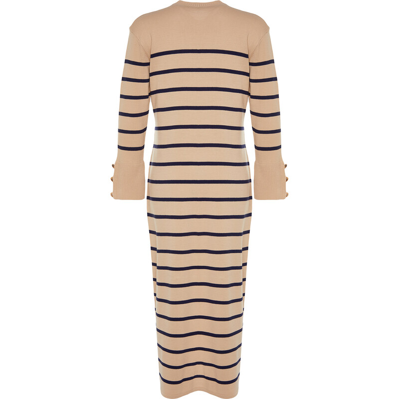 Trendyol Stone Sleeves Button Detailed Striped Knitwear Dress