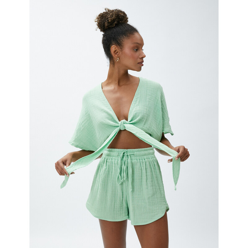 Koton Crop Yoga T-Shirt Muslin Kimono Look with Tie Detail.