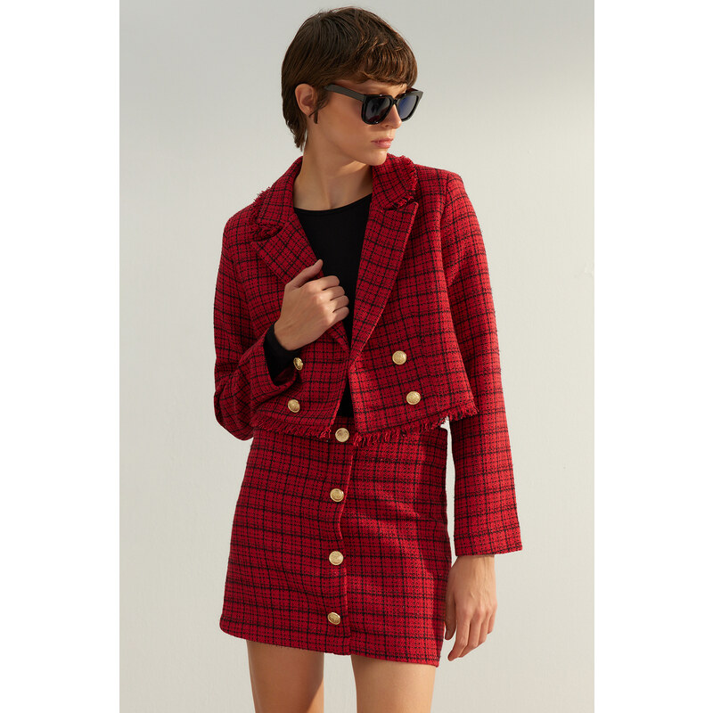Trendyol Red Premium Regular Woven Plaid Blazer Jacket