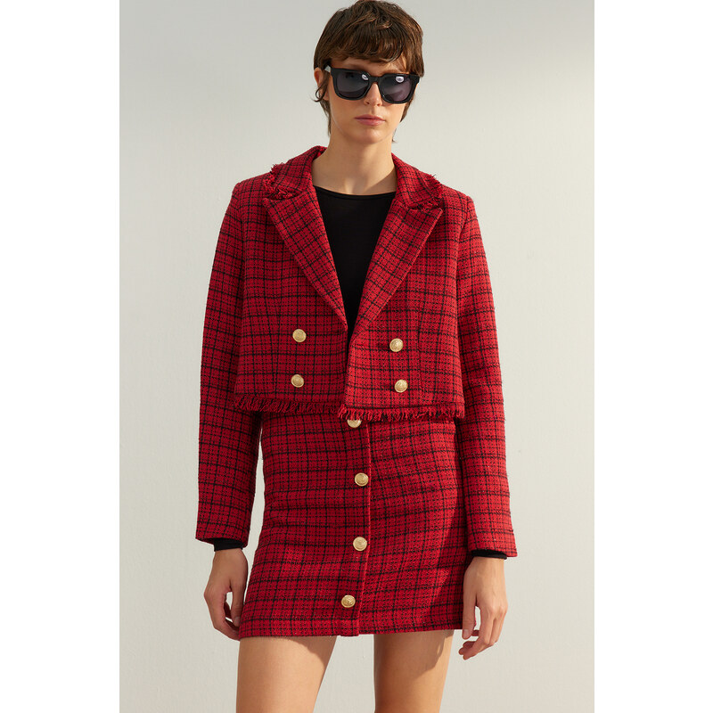 Trendyol Red Premium Regular Woven Plaid Blazer Jacket