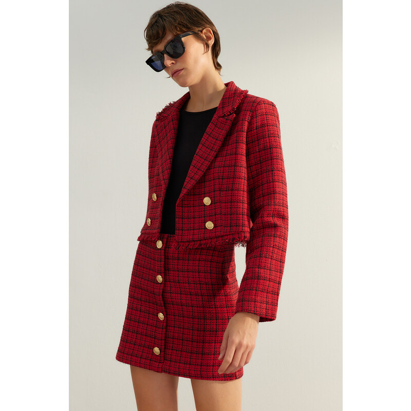 Trendyol Red Premium Regular Woven Plaid Blazer Jacket