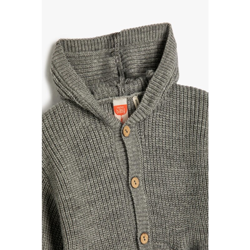 Koton Hooded Knit Cardigan Button Closure Pocket Detailed
