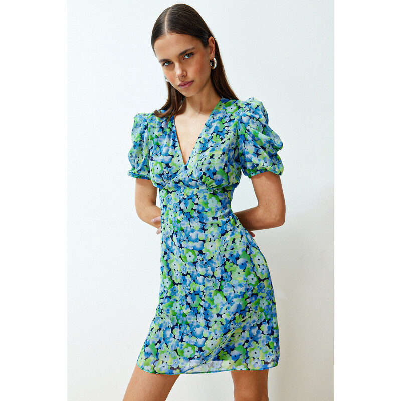 Trendyol Multi Color Floral A-Line Chiffon Lined Balloon Sleeve Mini Woven Dress