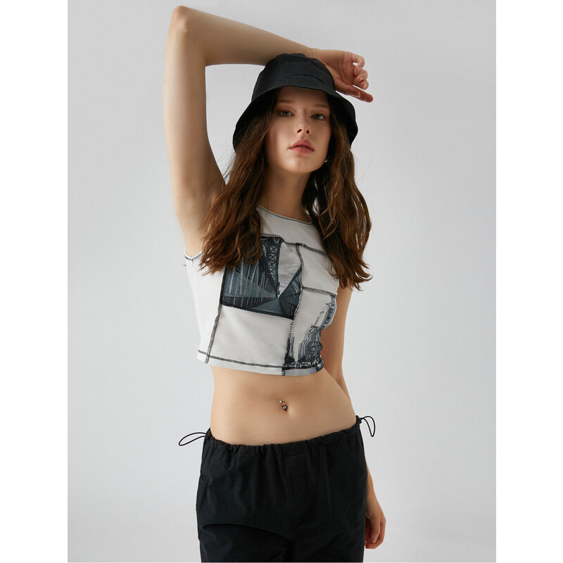 Koton Crop Athlete Ribbed Printed Stitching Detailed Crew Neck