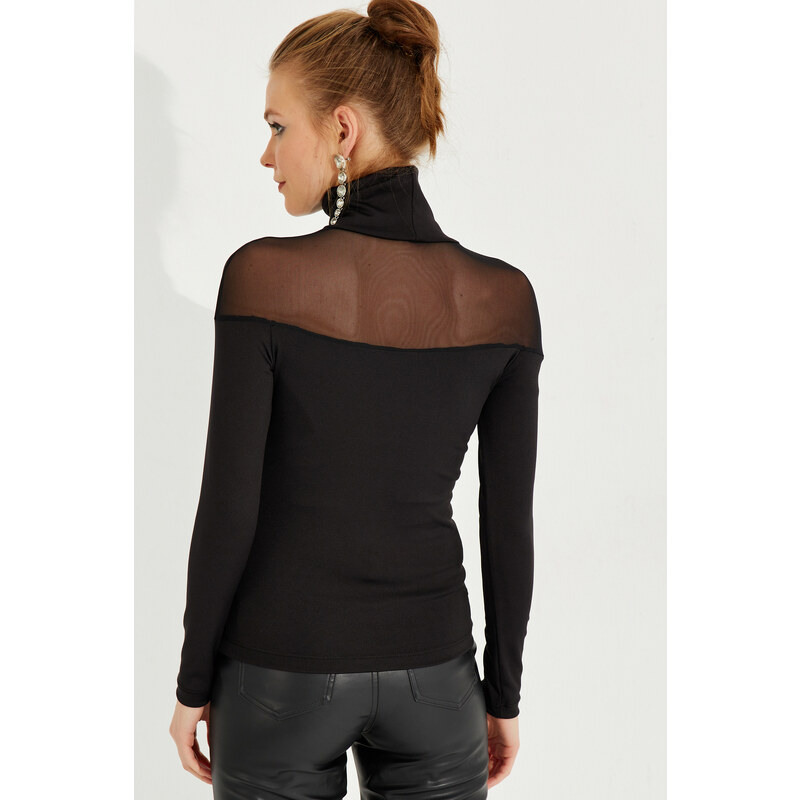 Cool & Sexy Women's Black Tulle Detailed Turtleneck Blouse